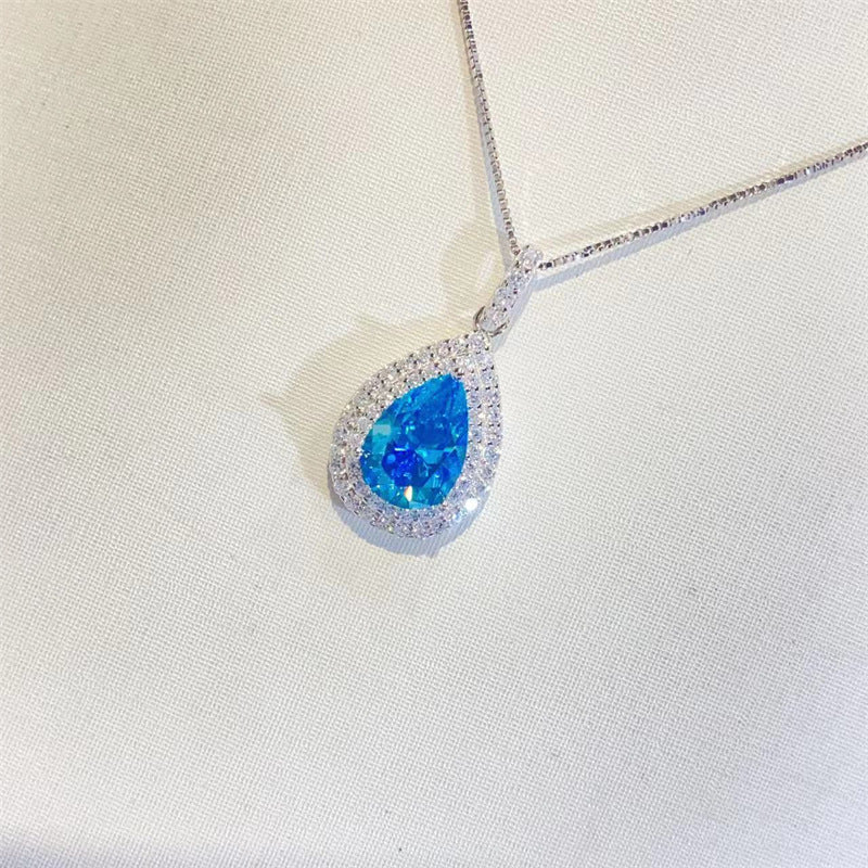 Ocean Blue Sapphire Water Drop Moissanite Pendant Clavicle Chain