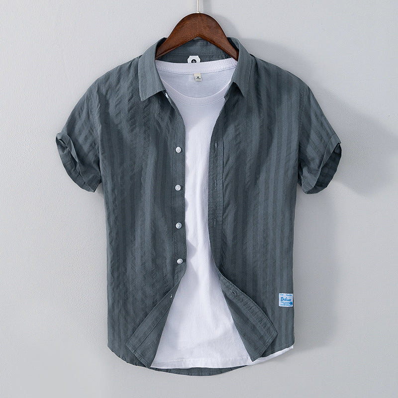 Leisure Dark Striped Thin Short Sleeve Pure Cotton Shirt