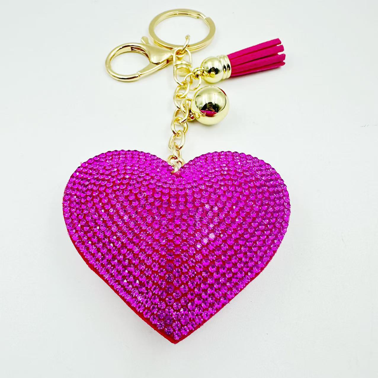 Peach Heart Rhinestone Leather Key Chain Love Tassel Bag Pendant