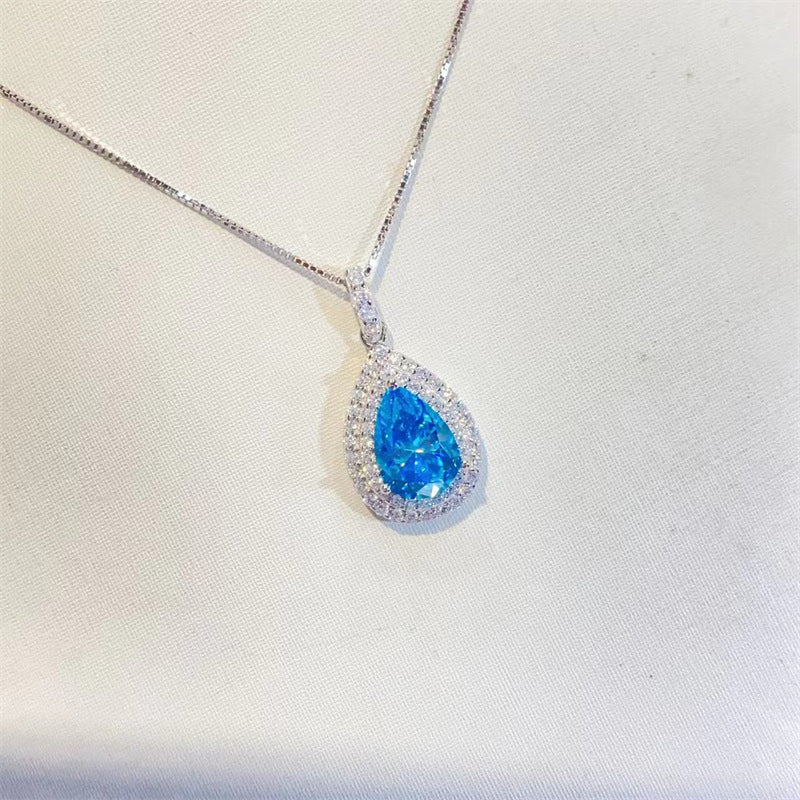 Ocean Blue Sapphire Water Drop Moissanite Pendant Clavicle Chain