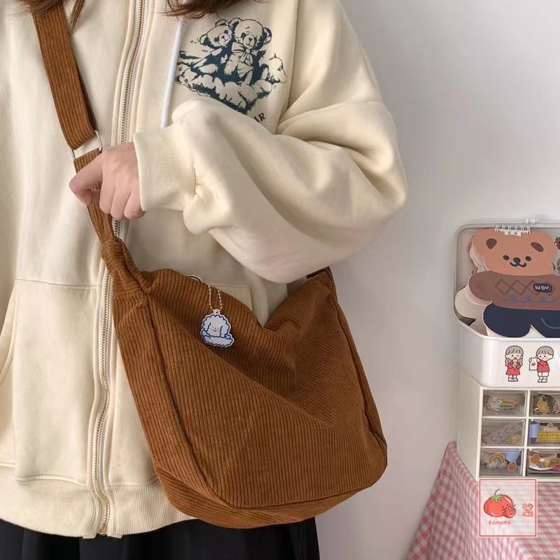 Corduroy Idle Style All-match Japanese Style Artistic Shoulder Crossbody Tote Bag