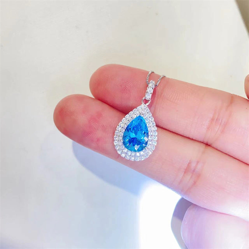 Ocean Blue Sapphire Water Drop Moissanite Pendant Clavicle Chain