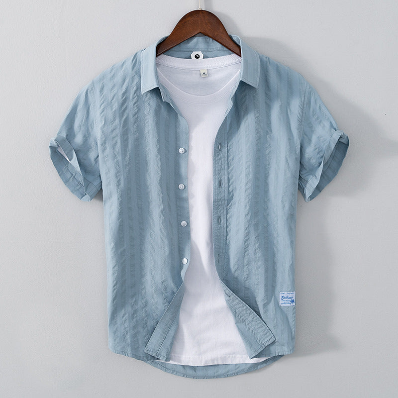 Leisure Dark Striped Thin Short Sleeve Pure Cotton Shirt