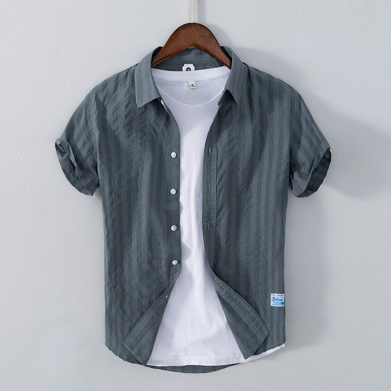 Leisure Dark Striped Thin Short Sleeve Pure Cotton Shirt