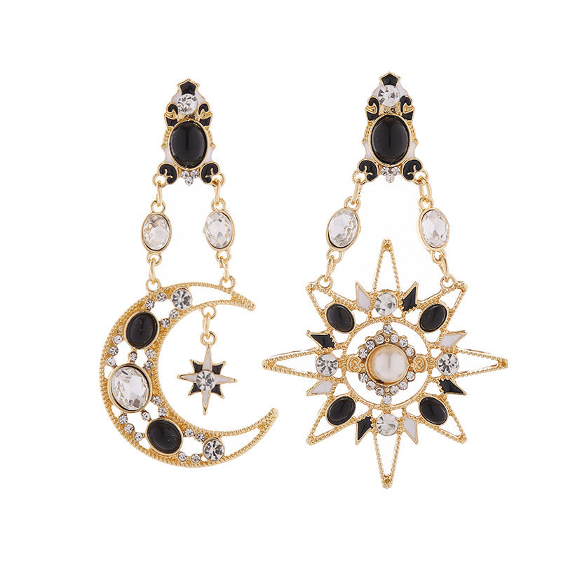 Retro Exaggerated Earrings For Women Rhinestone Pearl Moon