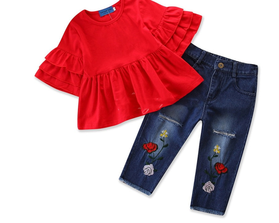 Girls' Suit Trendy Trumpet Sleeve Top Embroidered Jeans Suit