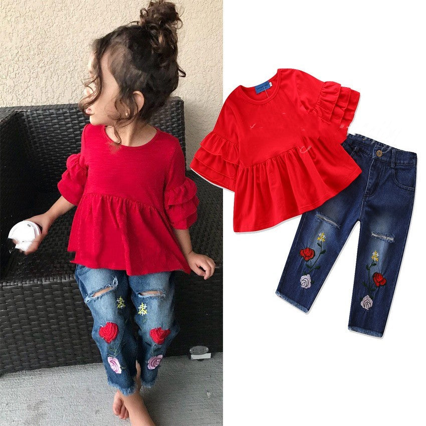 Girls' Suit Trendy Trumpet Sleeve Top Embroidered Jeans Suit