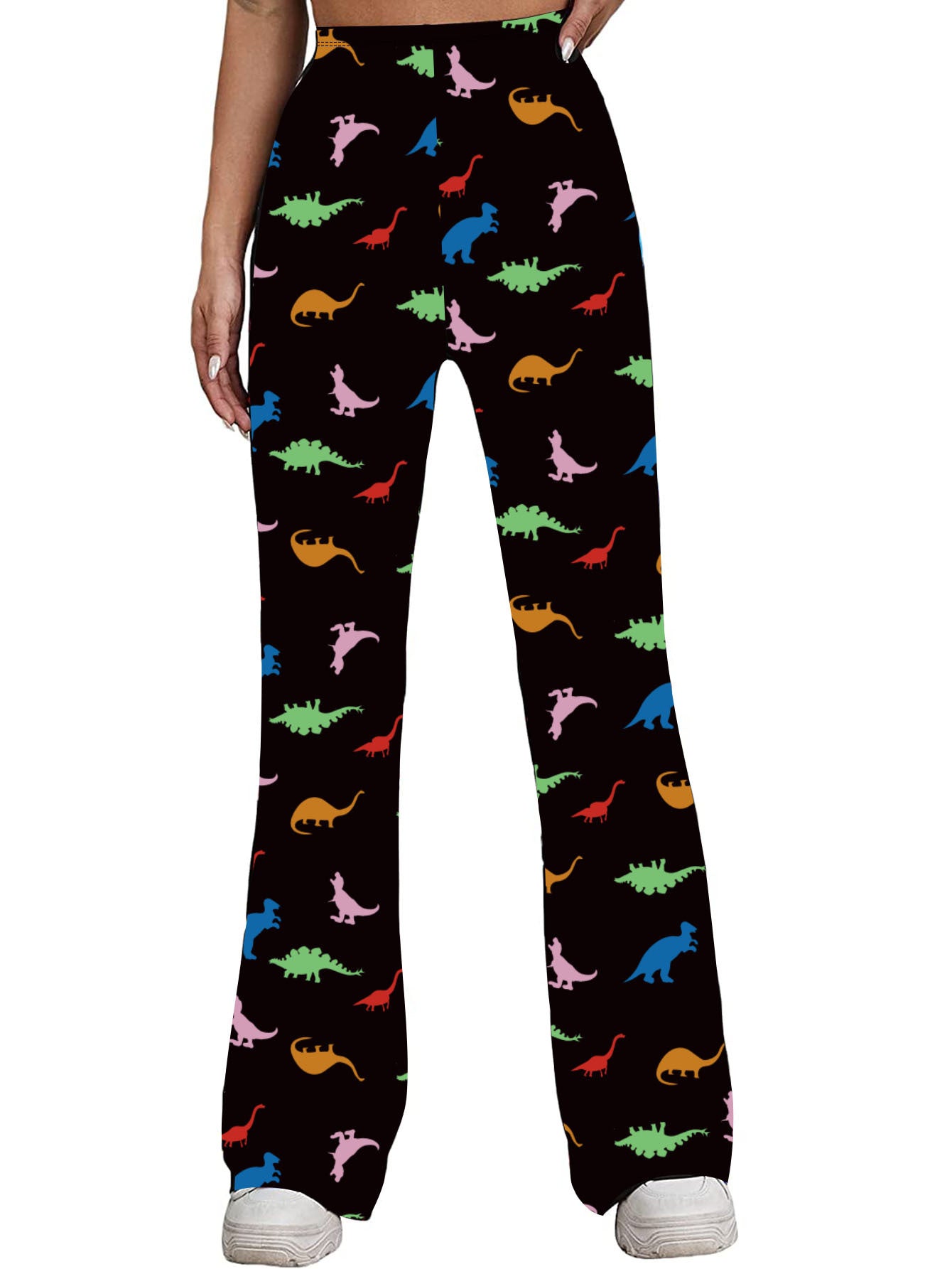 Long Bell-bottom Pants Dinosaur Printed High Waist High Elastic Trousers For Women