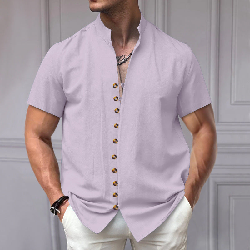 Linen Button Stand Collar Short Sleeve Shirt