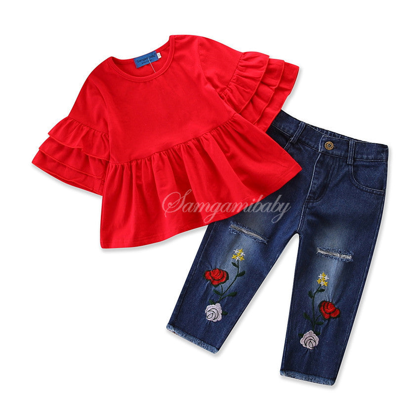 Girls' Suit Trendy Trumpet Sleeve Top Embroidered Jeans Suit