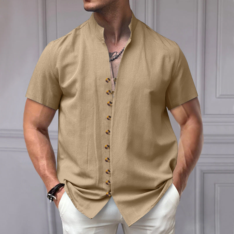 Linen Button Stand Collar Short Sleeve Shirt