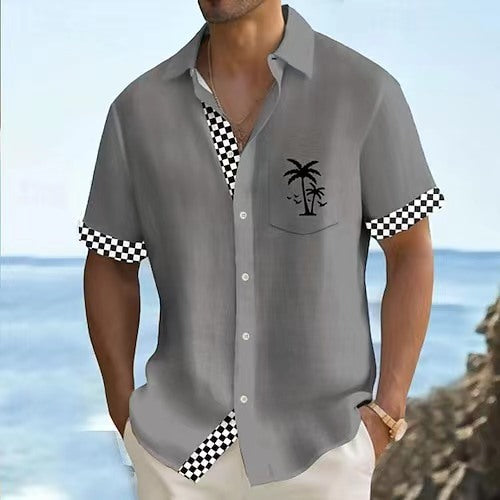 Geometric Stripe Element Coconut Tree Printed Shirt Men