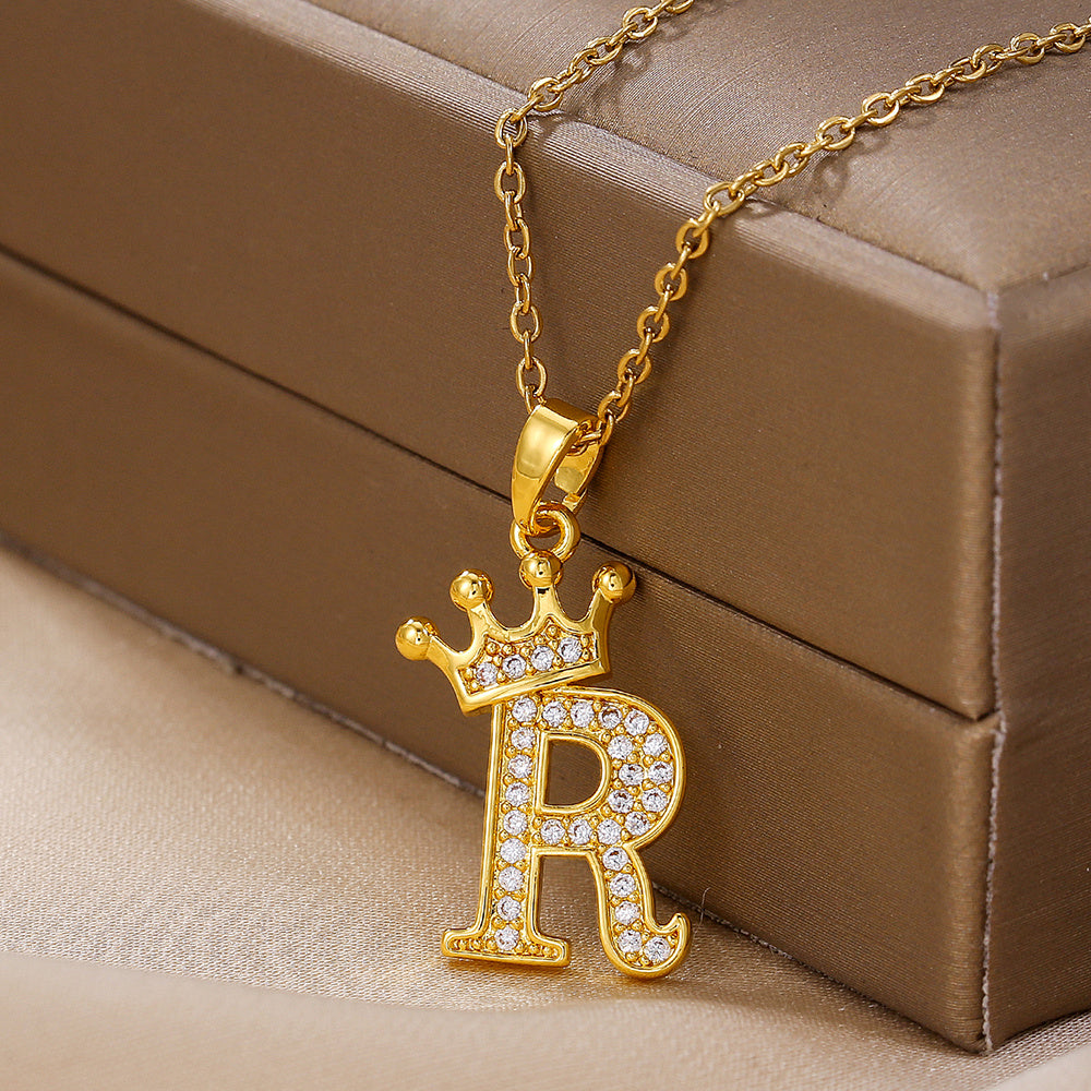 1PCS Fashionable Gold Diamond Crown Uppercase Letter Popular Pendant Necklace, Suitable For Daily Use, Festivals, Parties, Gifts Jewelry Set