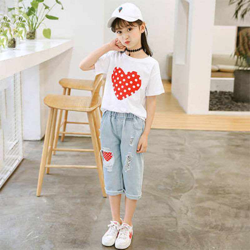 Girls White T-shirt Ripped Jeans Kids Suit