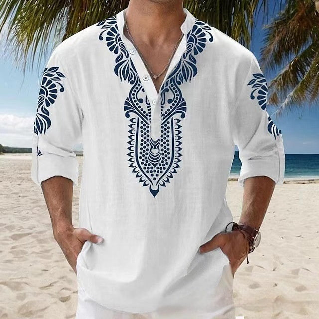 Stand Collar Long Sleeve Beach Casual Shirt Men