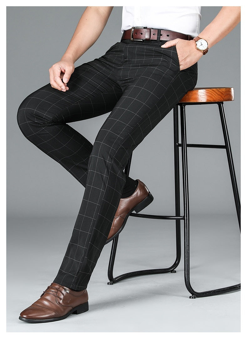 Slim-fit Straight Plaid Suit Formal Wear Mid Waist Casual Pants