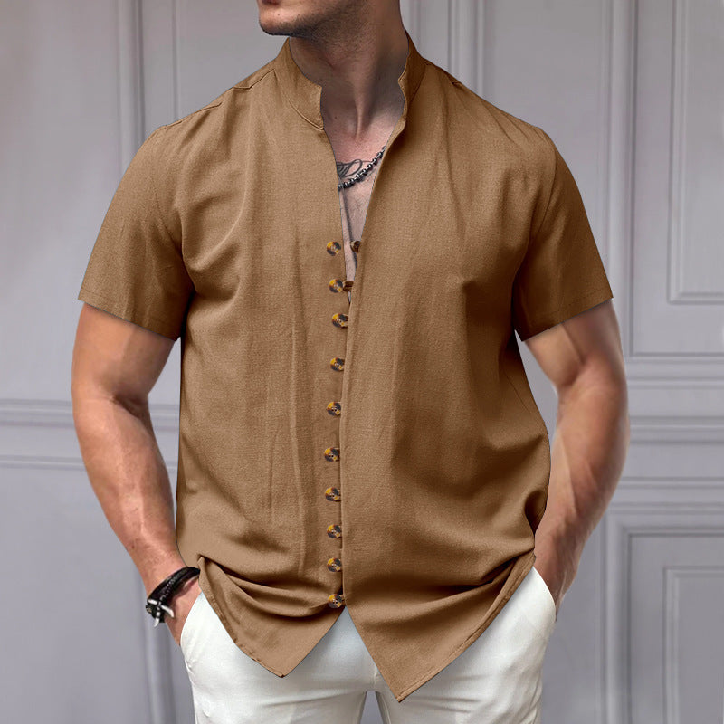 Linen Button Stand Collar Short Sleeve Shirt