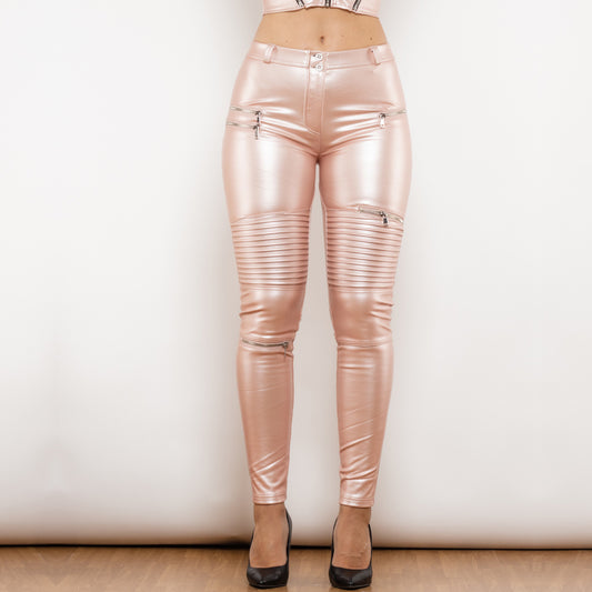 Shascullfites Melody Biker Pu Leather Pants Fashion Pink Faux Leather Motorcycle Trouser Stage Club Wear Push Up Leggings