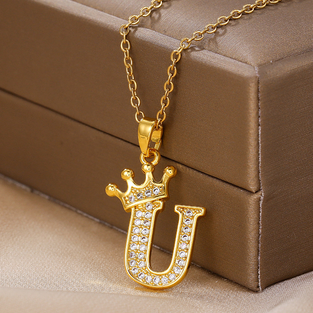 1PCS Fashionable Gold Diamond Crown Uppercase Letter Popular Pendant Necklace, Suitable For Daily Use, Festivals, Parties, Gifts Jewelry Set