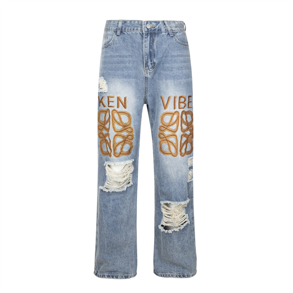 Ripped Letter-printing Jeans For Men And Women