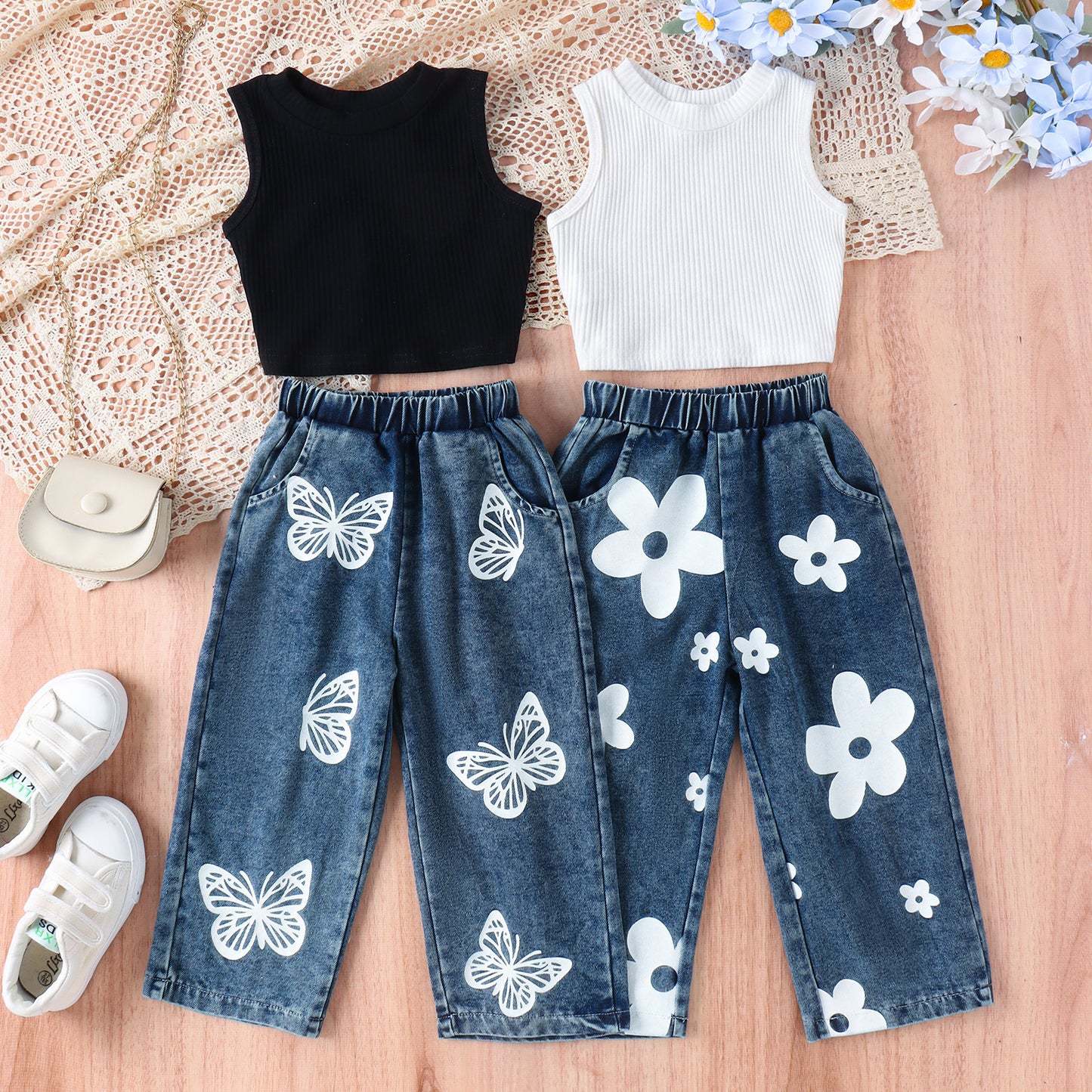 Sleeveless Vest Butterfly Print Washed Jeans Girls Suit