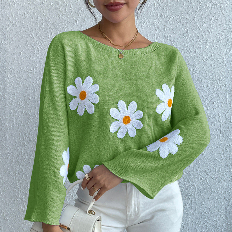 New Loose Bat Sleeve Sweater For Women Tops Embroidered Flower College One-shoulder Sweater