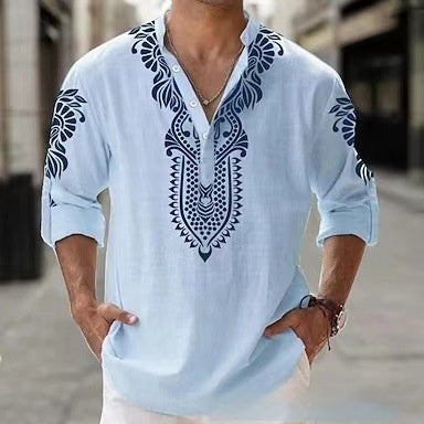 Stand Collar Long Sleeve Beach Casual Shirt Men