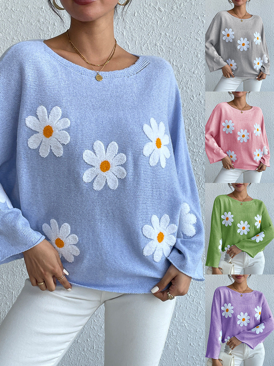 New Loose Bat Sleeve Sweater For Women Tops Embroidered Flower College One-shoulder Sweater