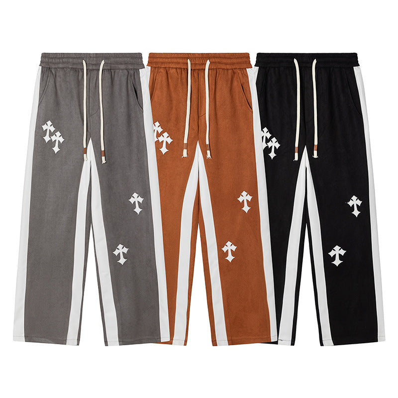 American Retro Cross Embroidery Suede Casual Trousers For Men